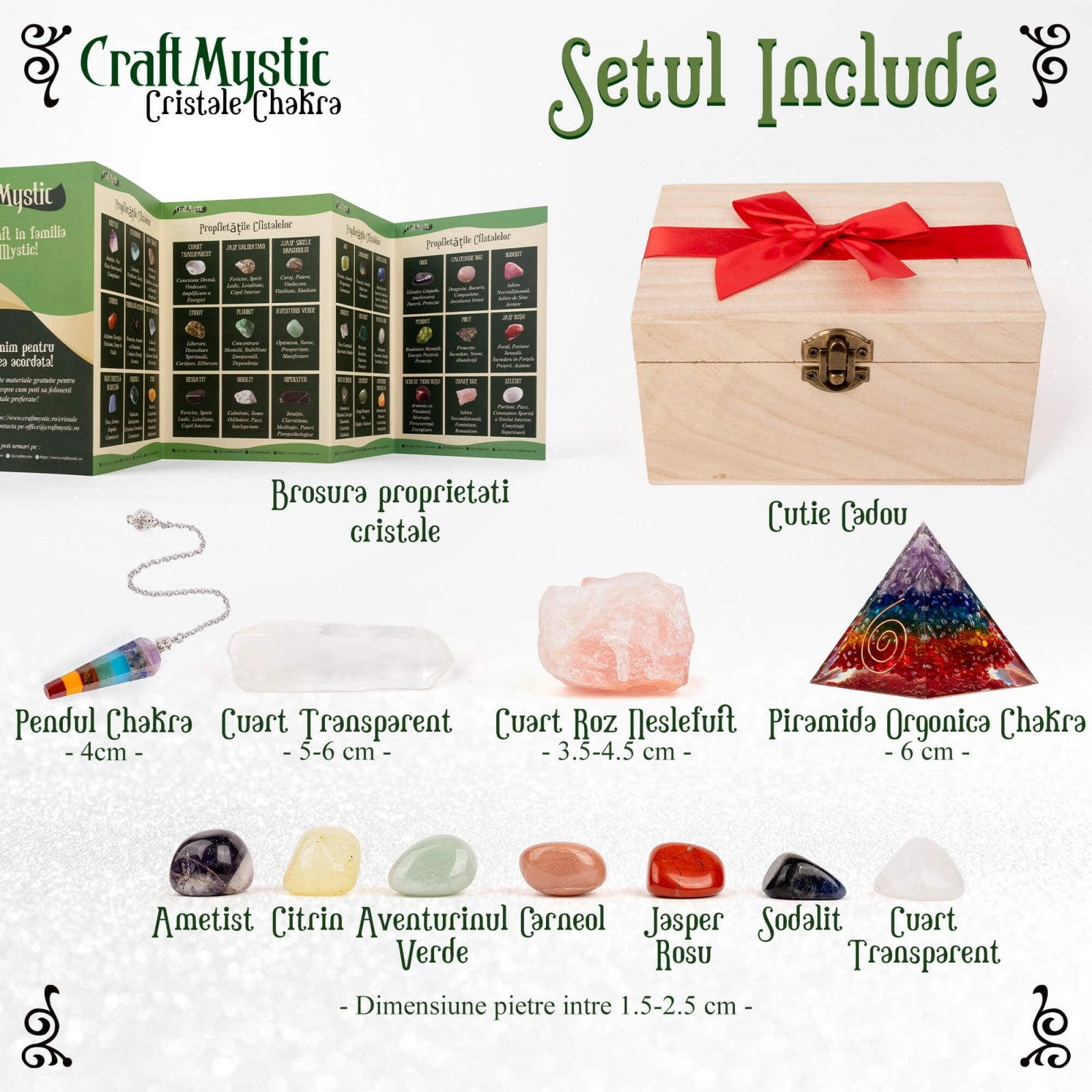 Set premium cu cristale, pietre naturale si piramida orgonica in cutie de lemn - 11 piese pentru meditatie, spiritualitate, echilibrarea chakrelor – Piramida orgonica chakra , pendul chakra, cuart roz