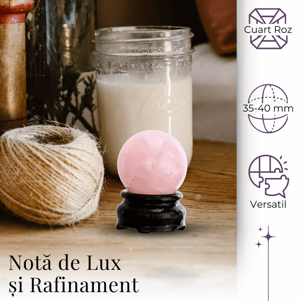 Sfera din Cuart Roz 35-40 mm cu Suport Inclus