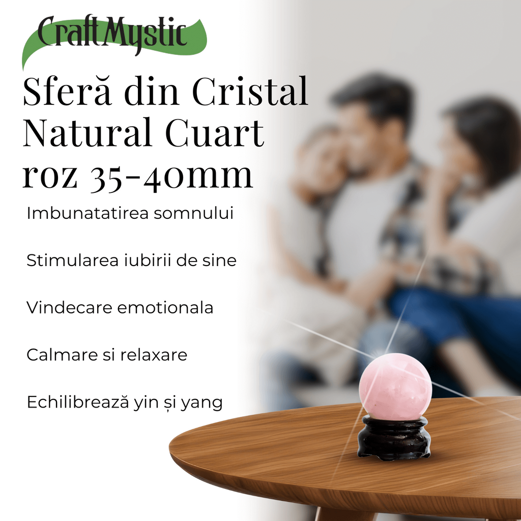 Sfera din Cuart Roz 35-40 mm cu Suport Inclus