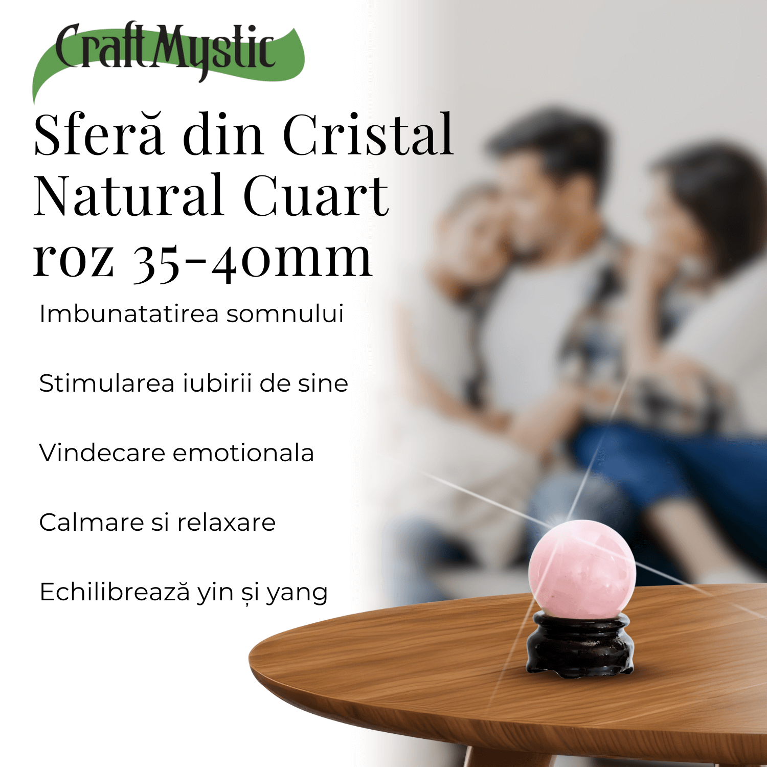 Sfera din Cuart Roz 35-40 mm cu Suport Inclus