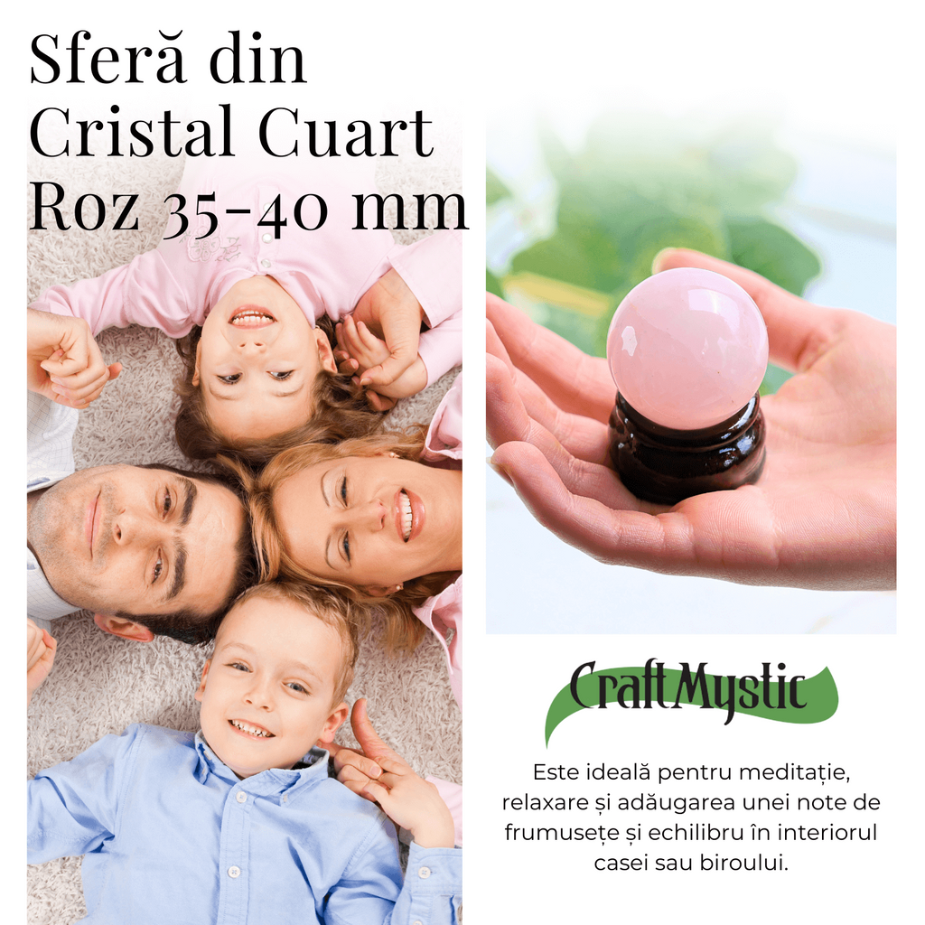 Sfera din Cuart Roz 35-40 mm cu Suport Inclus