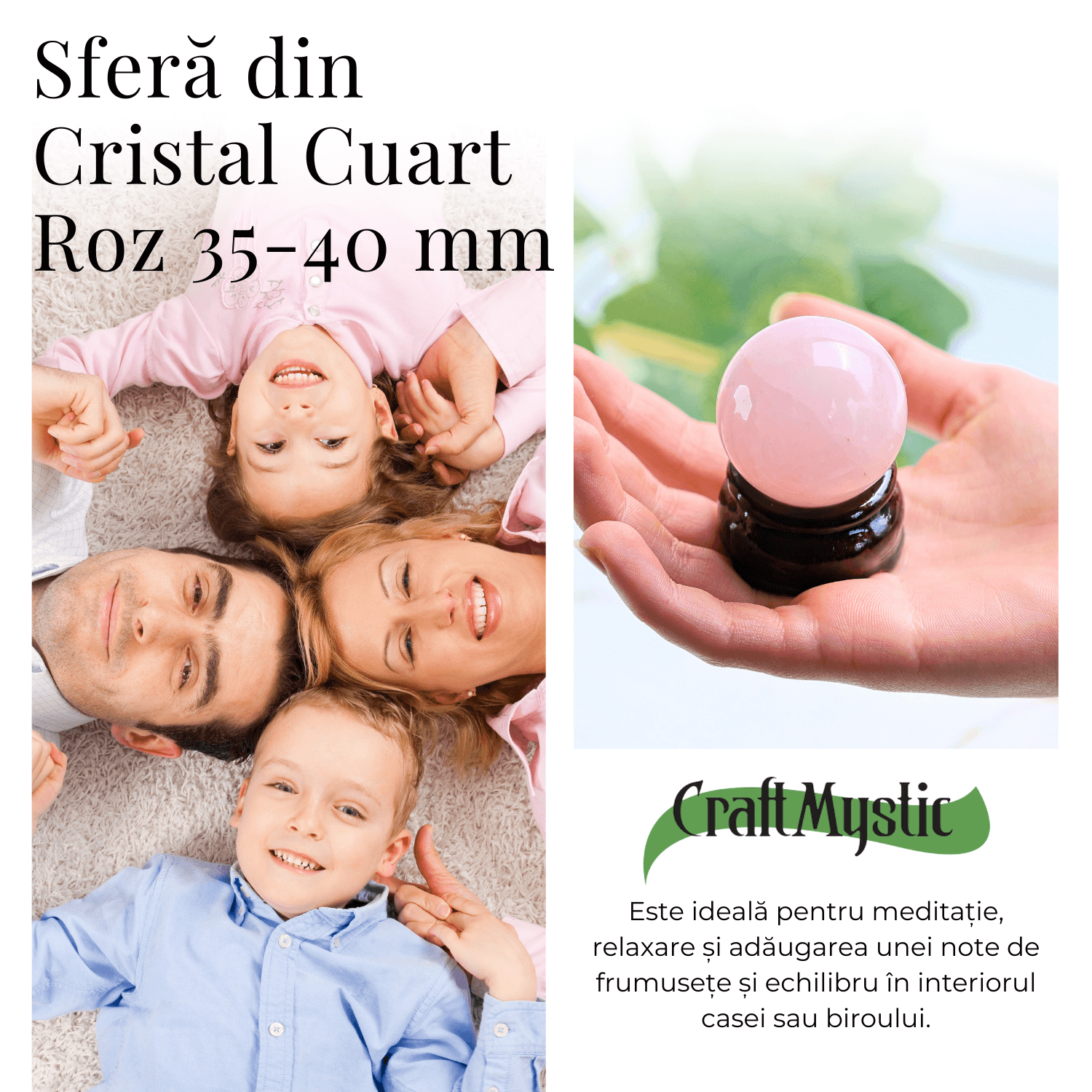 Sfera din Cuart Roz 35-40 mm cu Suport Inclus