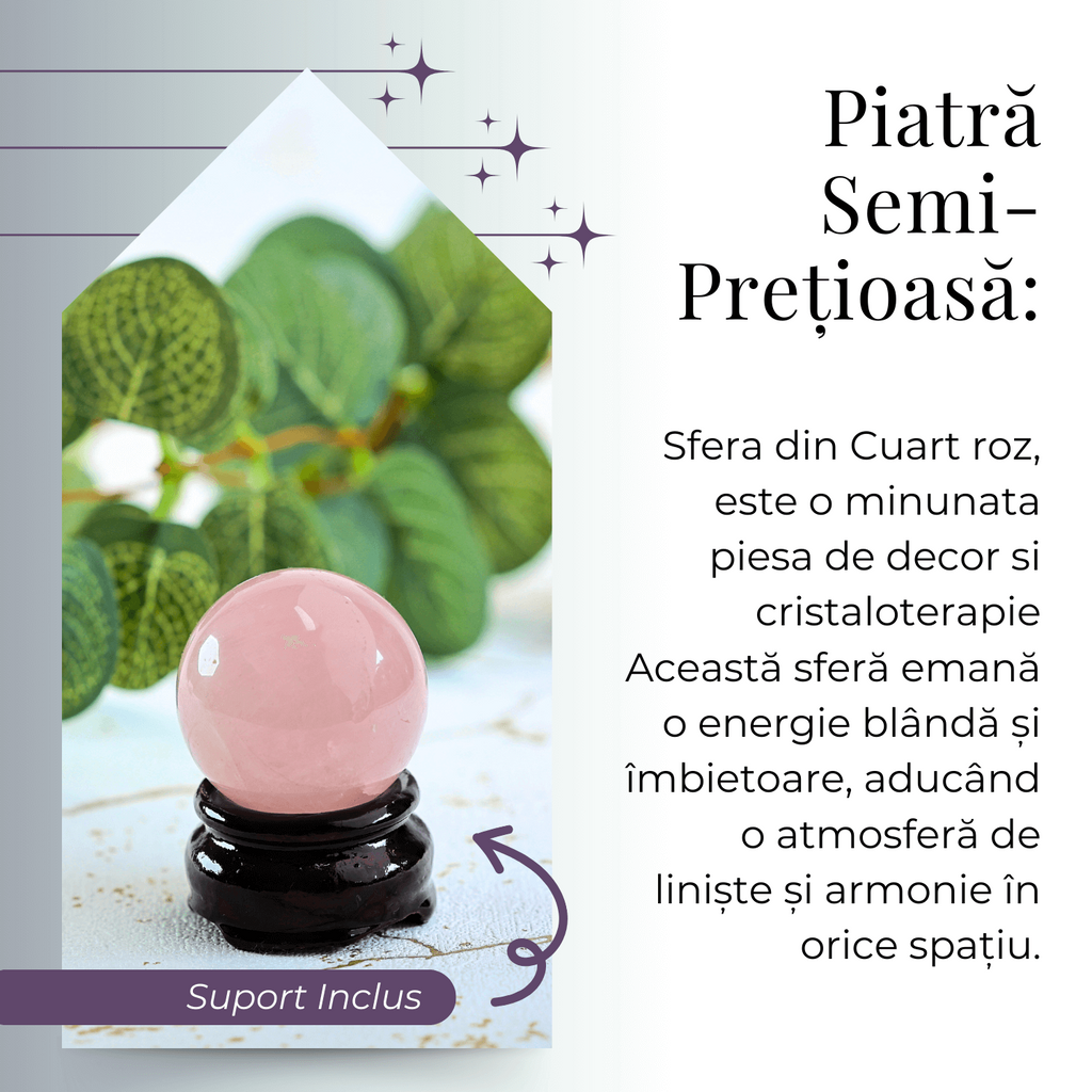 Sfera din Cuart Roz 35-40 mm cu Suport Inclus