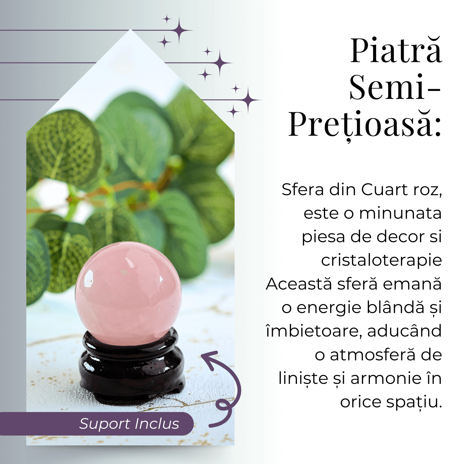 Sfera din Cuart Roz 35-40 mm cu Suport Inclus