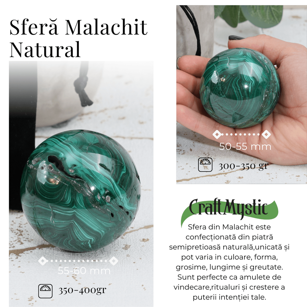 Sfera de Malachit Natural 55-60 mm, 350-400 gr