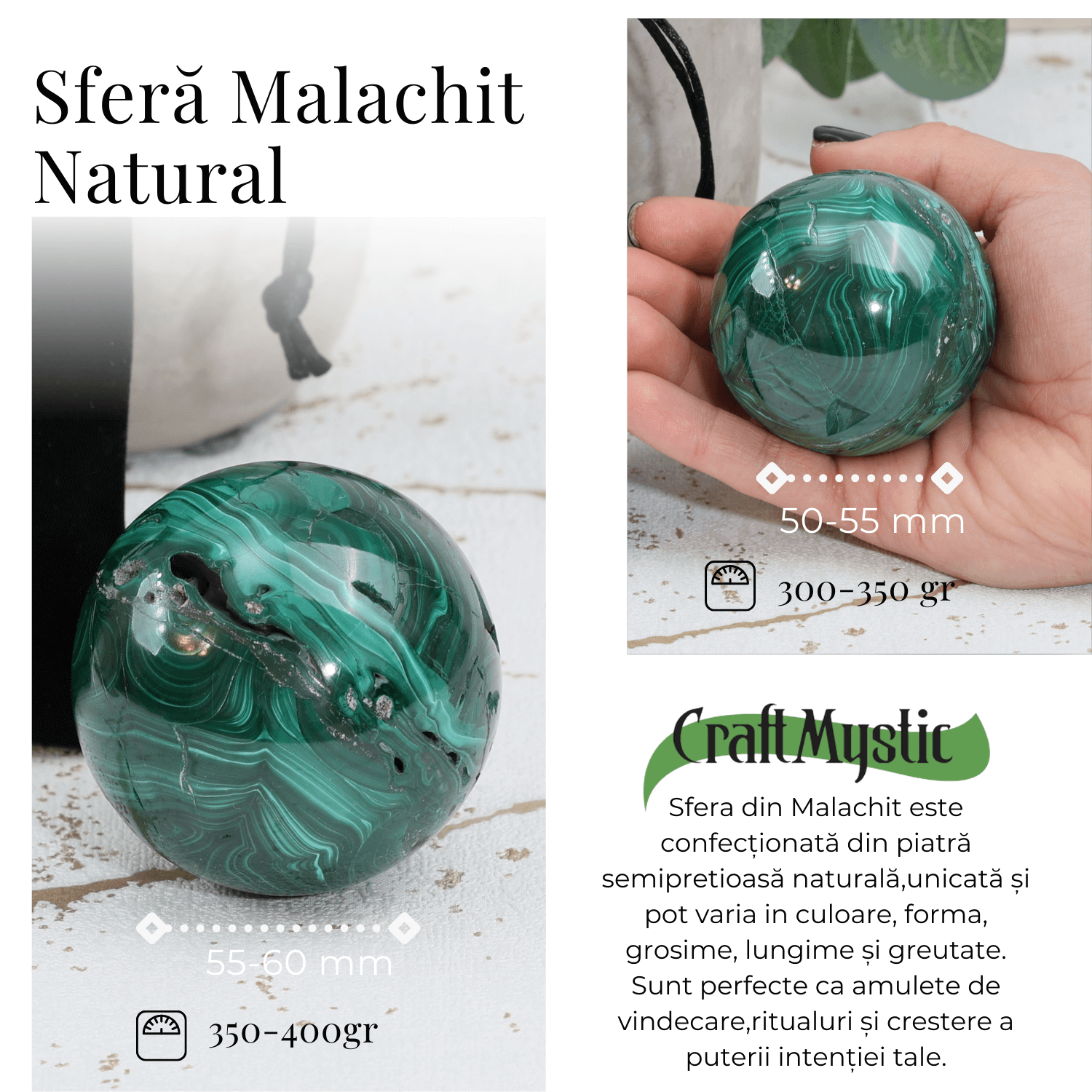 Sfera de Malachit Natural 55-60 mm, 350-400 gr