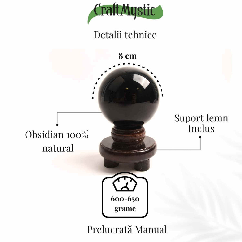 Sfera Obsidian Negru 100% Natural 80 mm cu Suport Lemn India