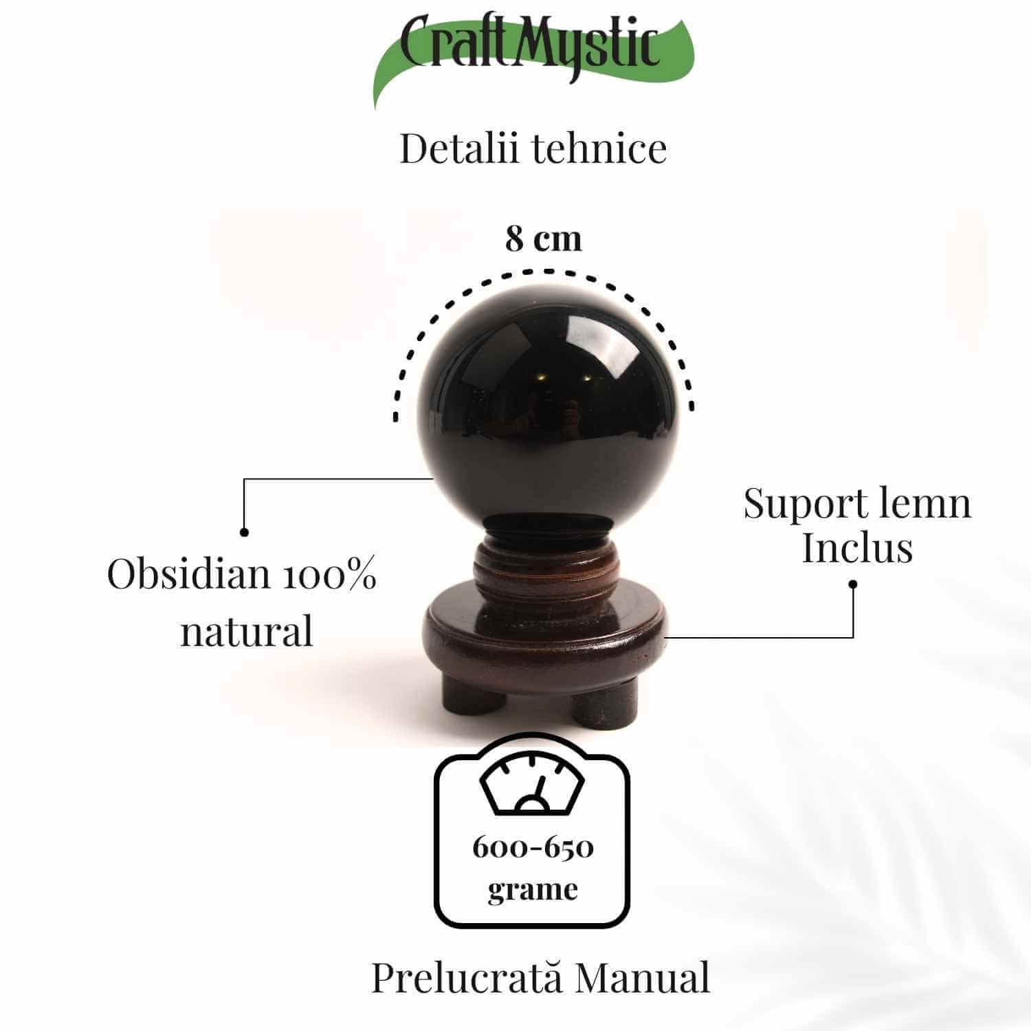 Sfera Obsidian Negru 100% Natural 80 mm cu Suport Lemn India