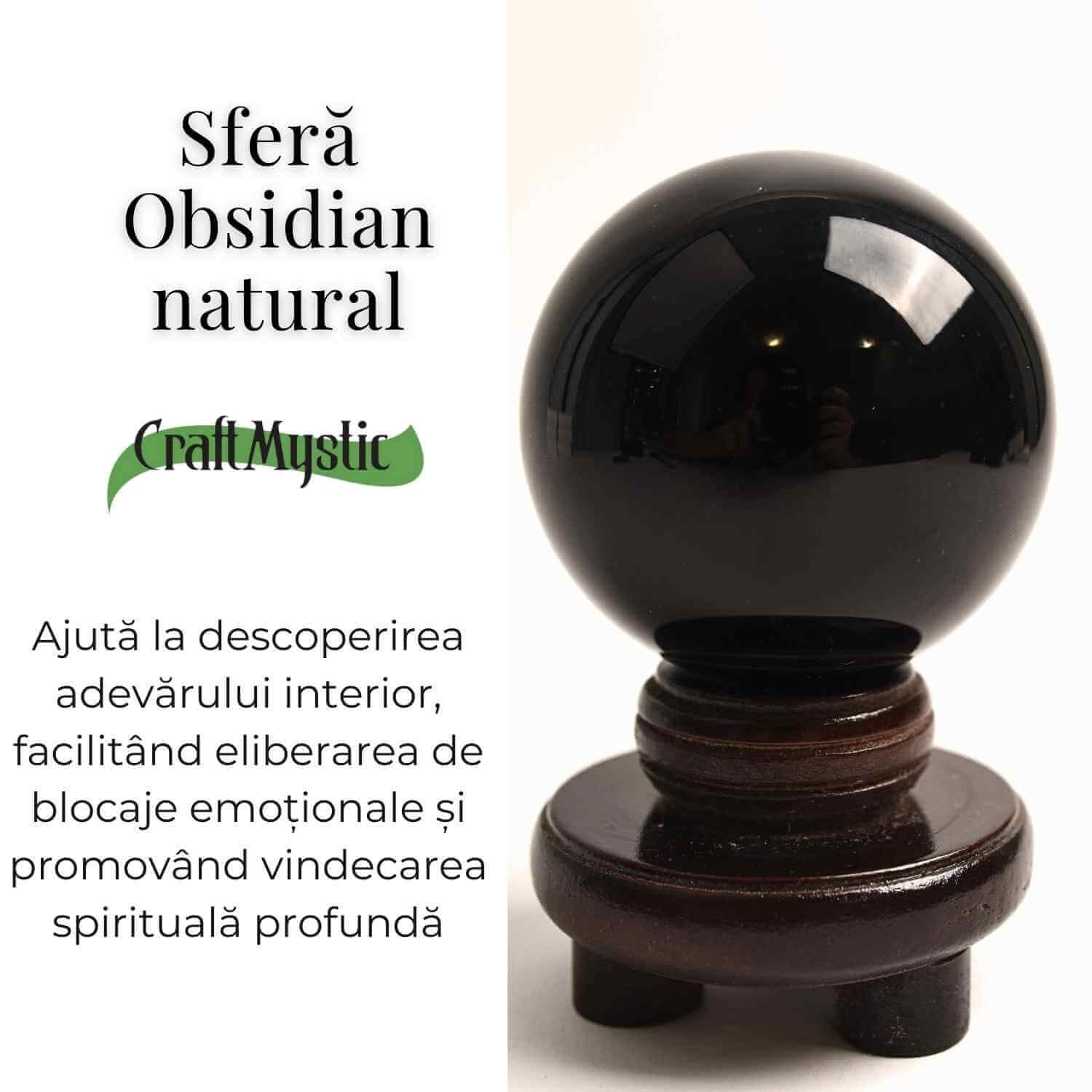 Sfera Obsidian Negru 100% Natural 80 mm cu Suport Lemn India