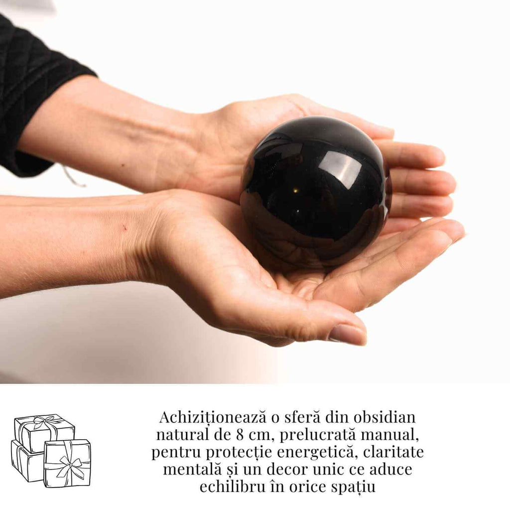 Sfera Obsidian Negru 100% Natural 80 mm cu Suport Lemn India