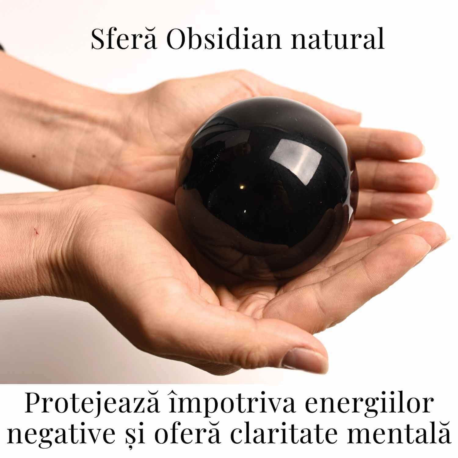 Sfera Obsidian Negru 100% Natural 80 mm cu Suport Lemn India
