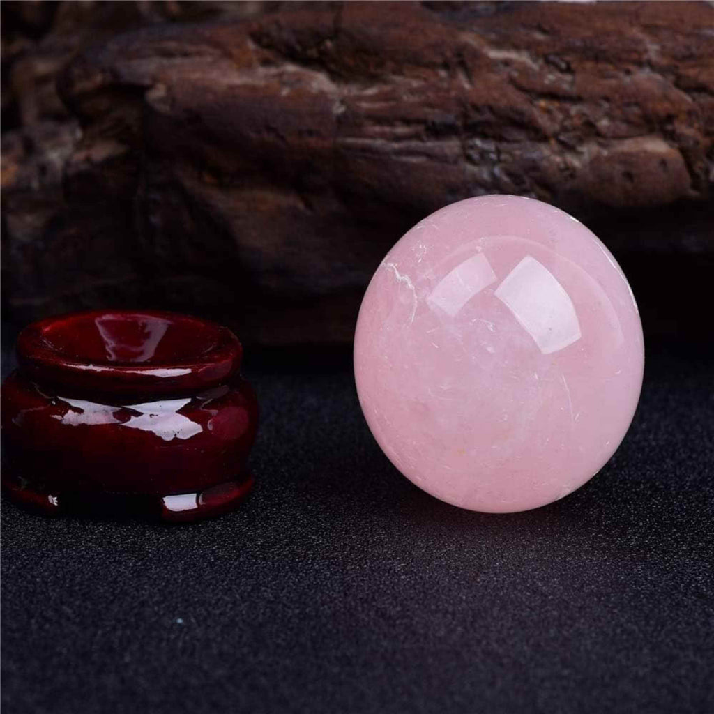 Sfera din Cuart Roz 25-30 mm, minge de cristal decorativa, cu suport de lemn - Pentru decor, meditație, vindecare