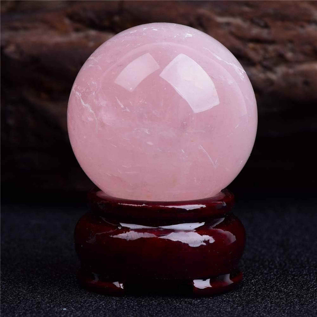 Sfera din Cuart Roz 25-30 mm, minge de cristal decorativa, cu suport de lemn - Pentru decor, meditație, vindecare