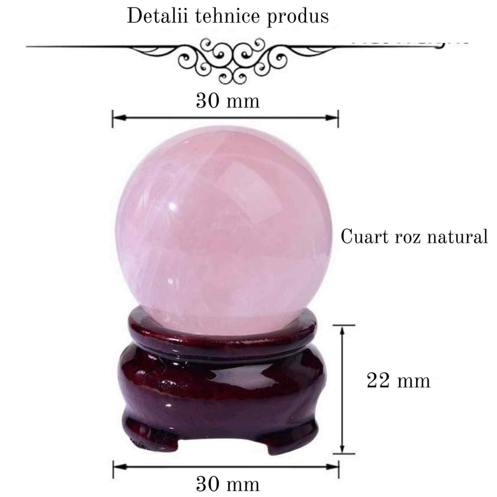 Sfera din Cuart Roz 25-30 mm, minge de cristal decorativa, cu suport de lemn - Pentru decor, meditație, vindecare