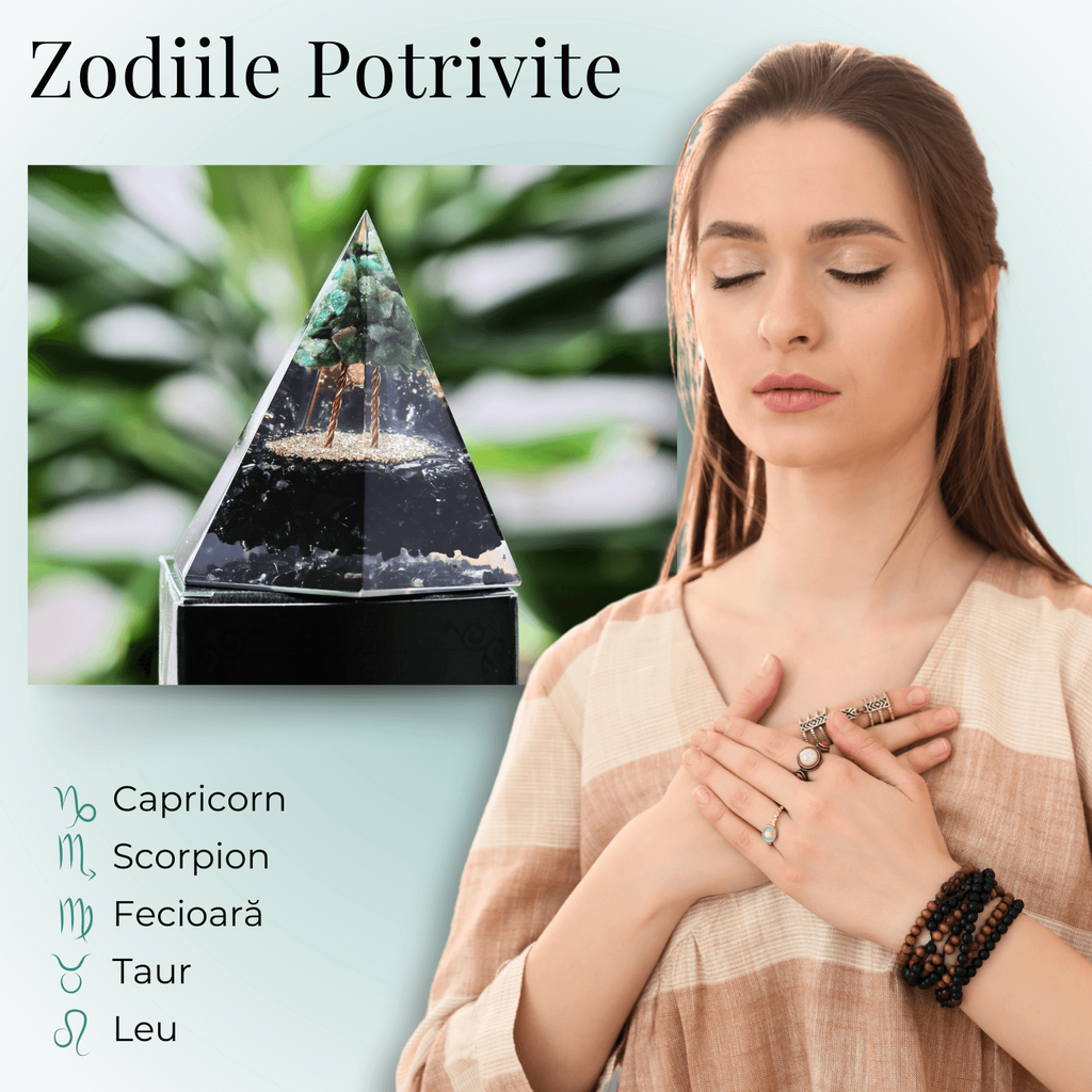 Piramida Orgonica 6 fete 90 mm Nubiana din Turmalina Neagra si Arborele Vietii Jad Verde