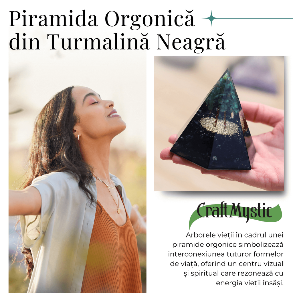 Piramida Orgonica 6 fete 90 mm Nubiana din Turmalina Neagra si Arborele Vietii Jad Verde
