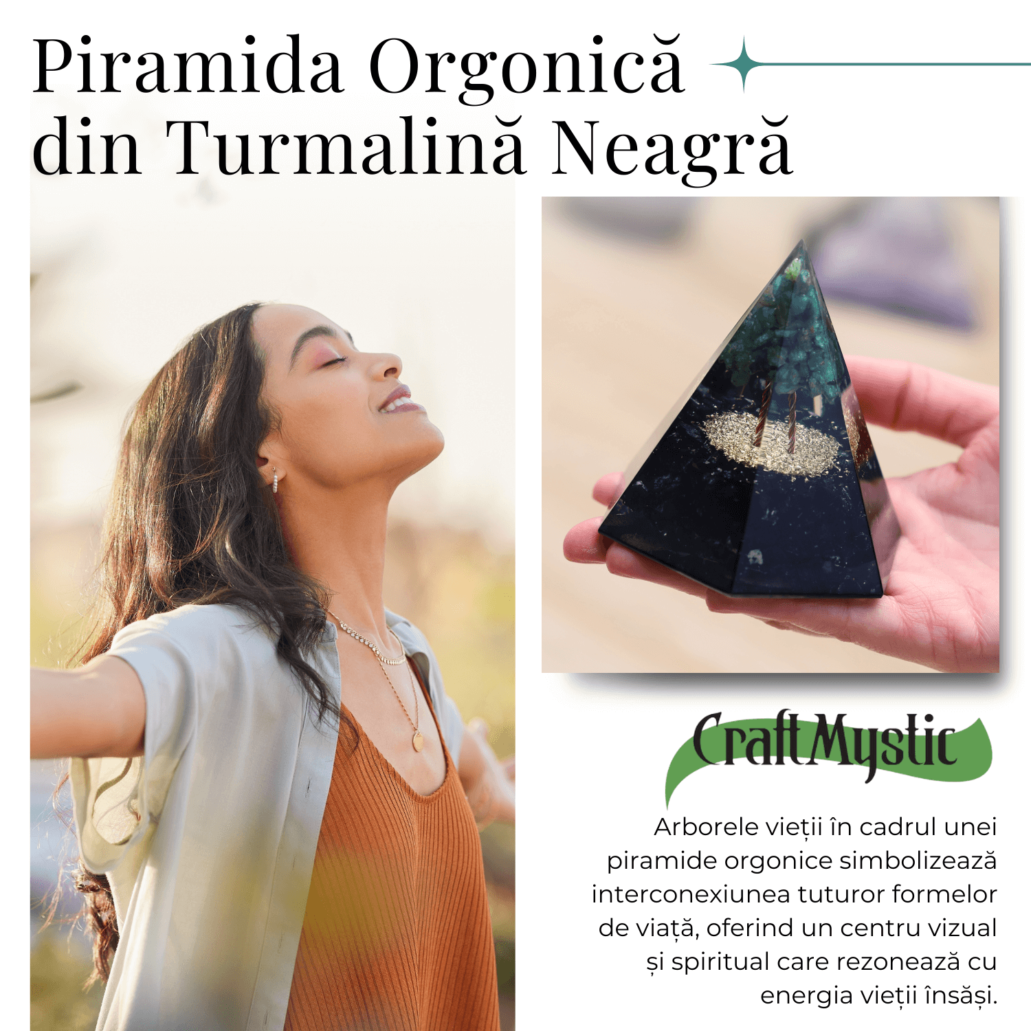 Piramida Orgonica 6 fete 90 mm Nubiana din Turmalina Neagra si Arborele Vietii Jad Verde