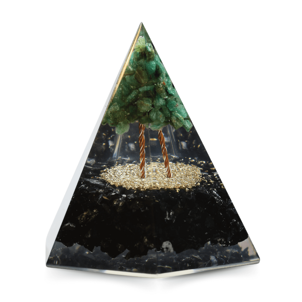 Piramida Orgonica 6 fete 90 mm Nubiana din Turmalina Neagra si Arborele Vietii Jad Verde