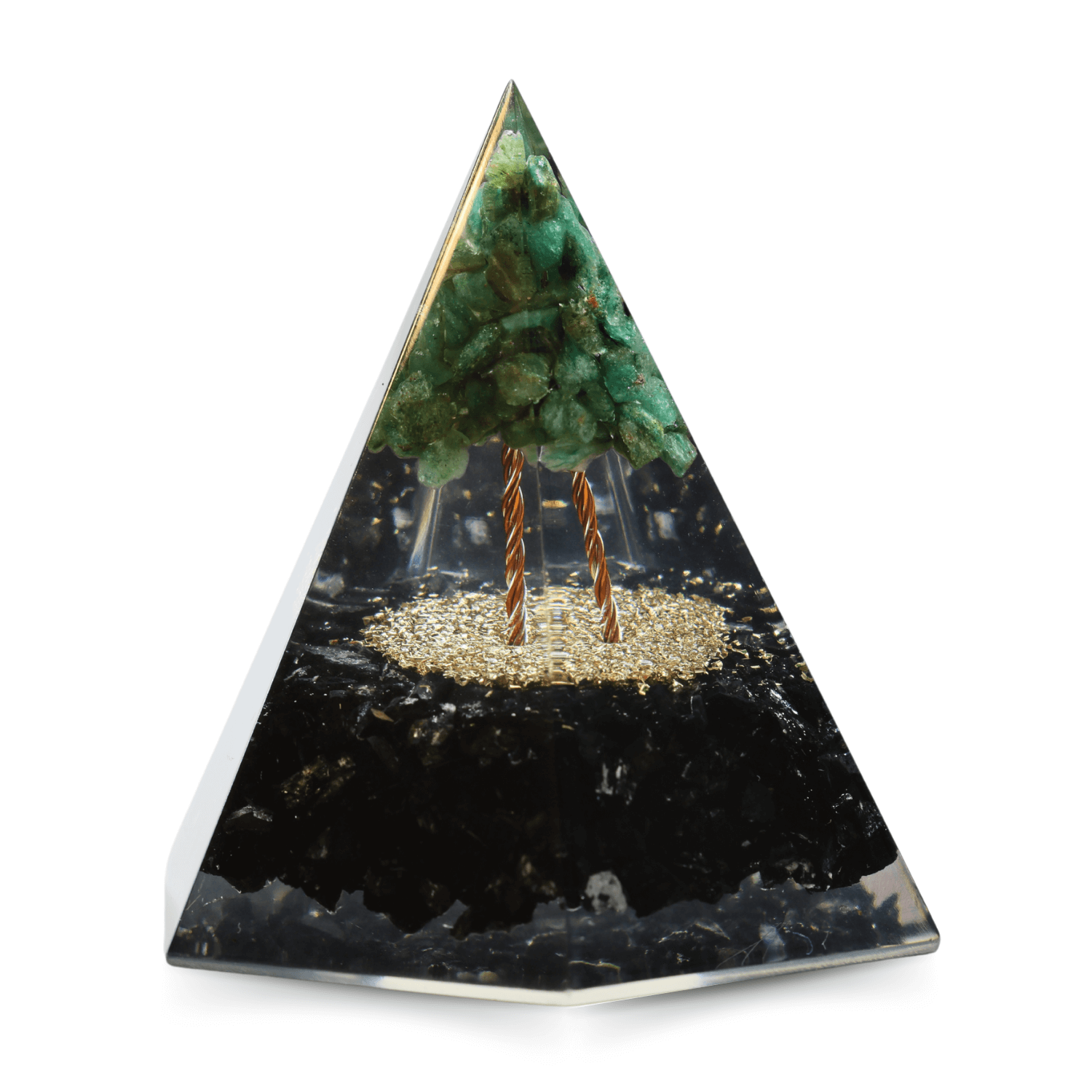 Piramida Orgonica 6 fete 90 mm Nubiana din Turmalina Neagra si Arborele Vietii Jad Verde