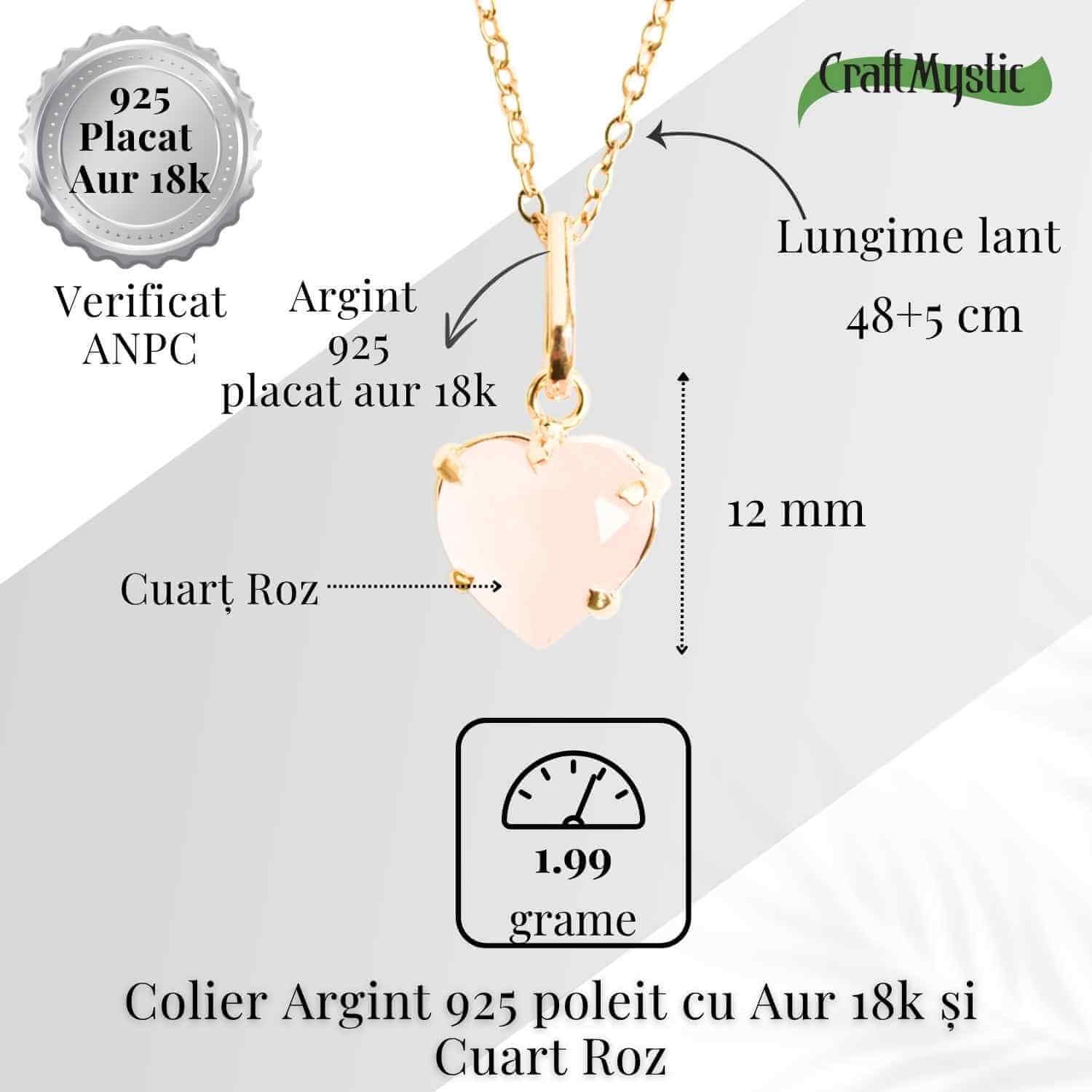 Iubire si Blandete – Colier din Argint 925 Placat cu Aur 18K cu Cuart Roz fatetat in Forma de Inima