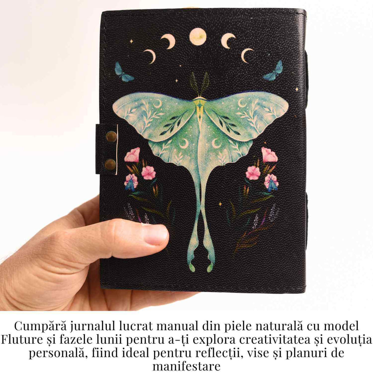 Jurnal din piele naturala cu incuietoare epoca, fazele lunii si fluture – Magie si creativitate