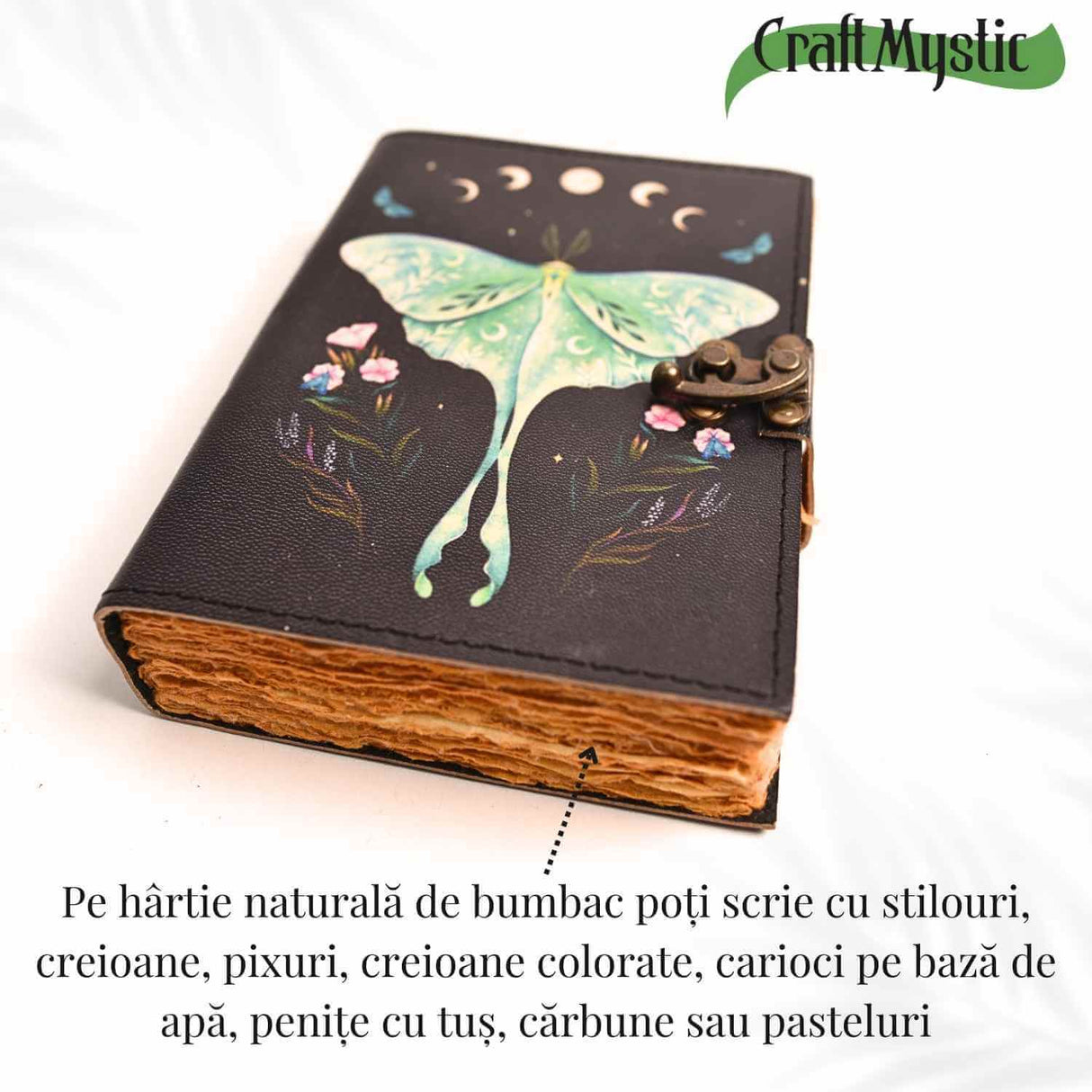 Jurnal din piele naturala cu incuietoare epoca, fazele lunii si fluture – Magie si creativitate