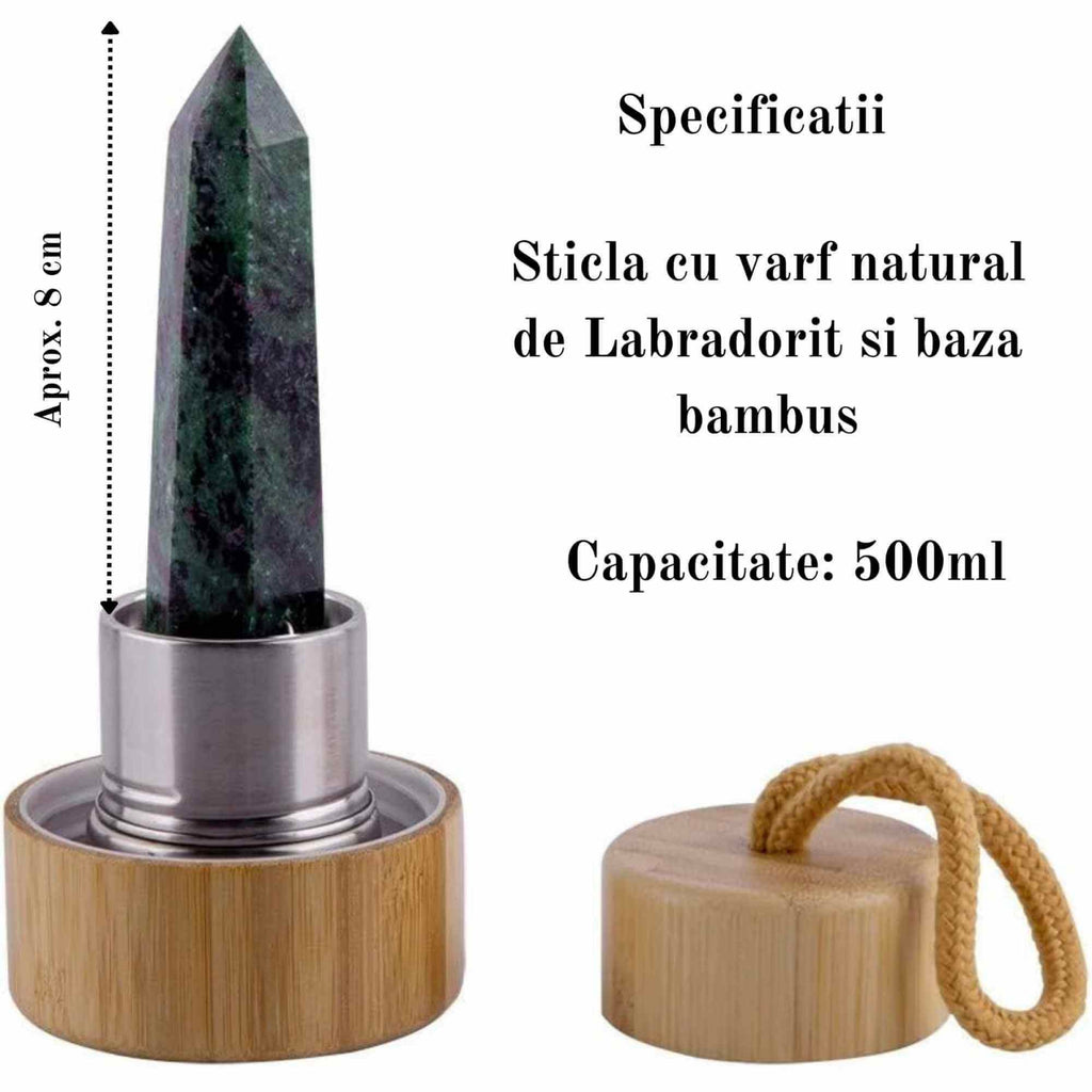 Sticla pentru apa cu varf cristal Labradorit si Bambus