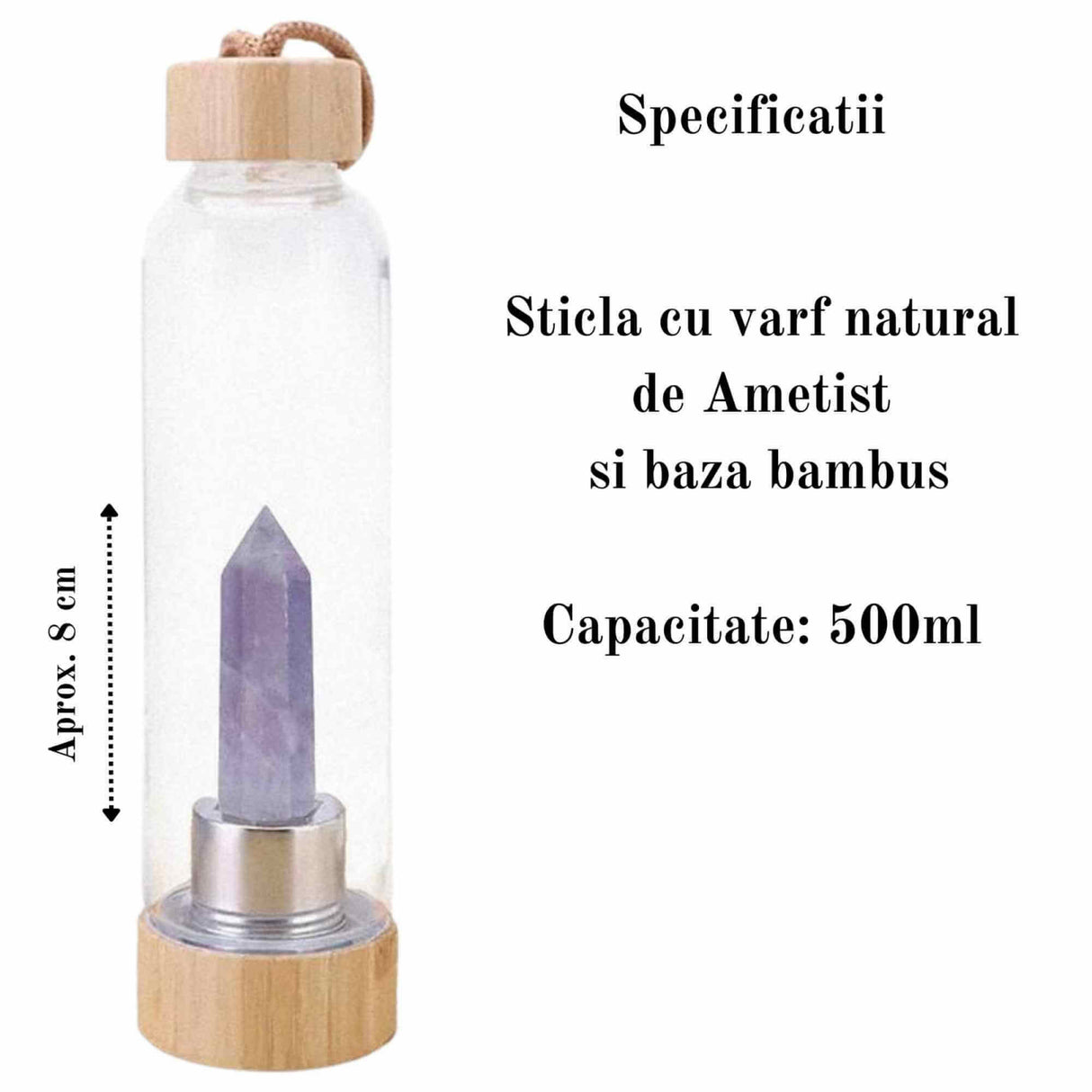 Sticla pentru apa cu varf cristal Ametist si Bambus