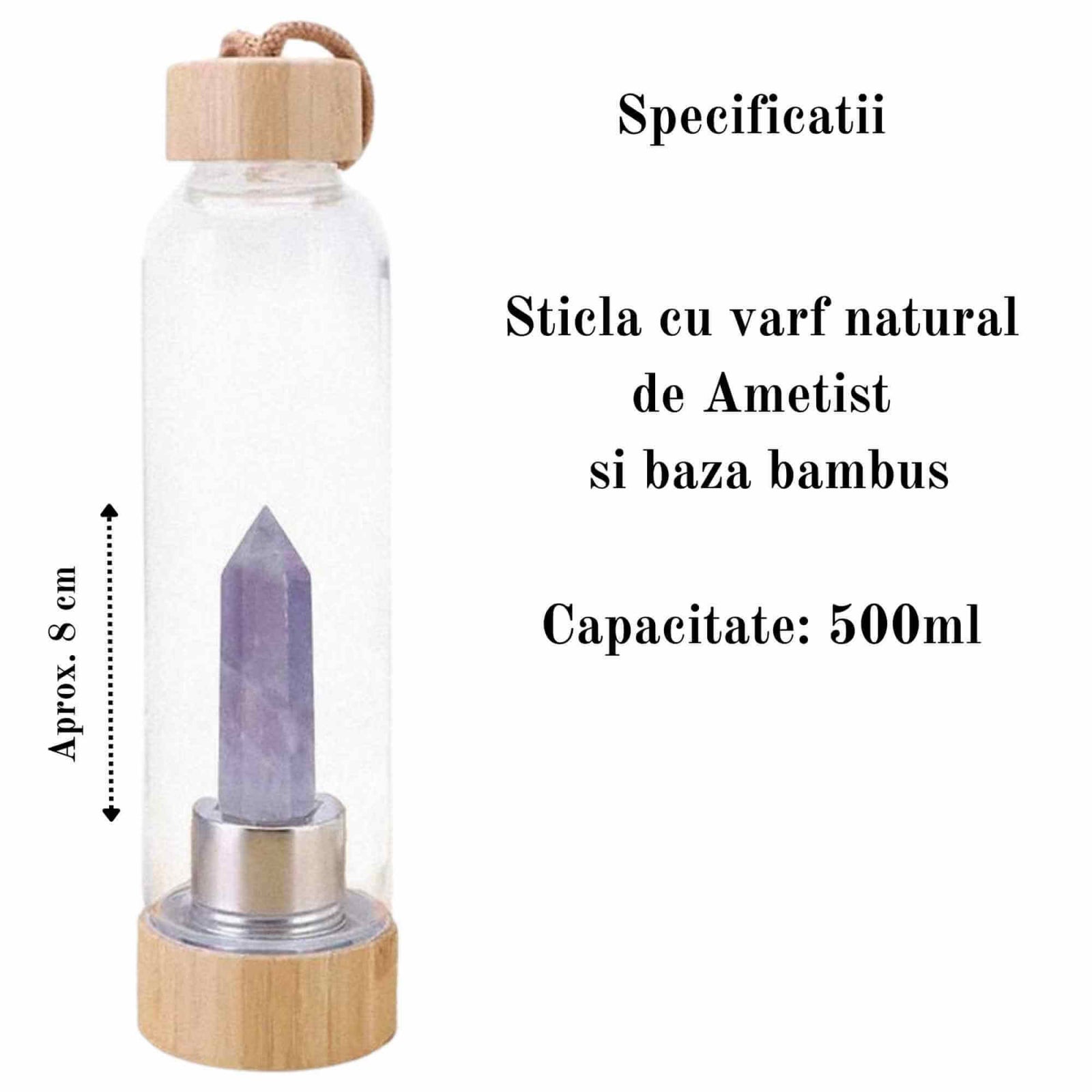 Sticla pentru apa cu varf cristal Ametist si Bambus