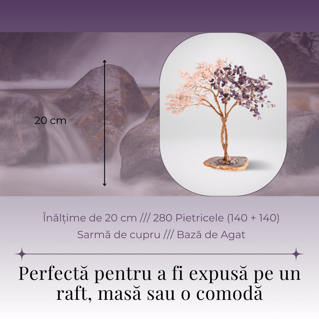 Copacel Decorativ cu Ametist si Cuart Roz pe Baza de Agat