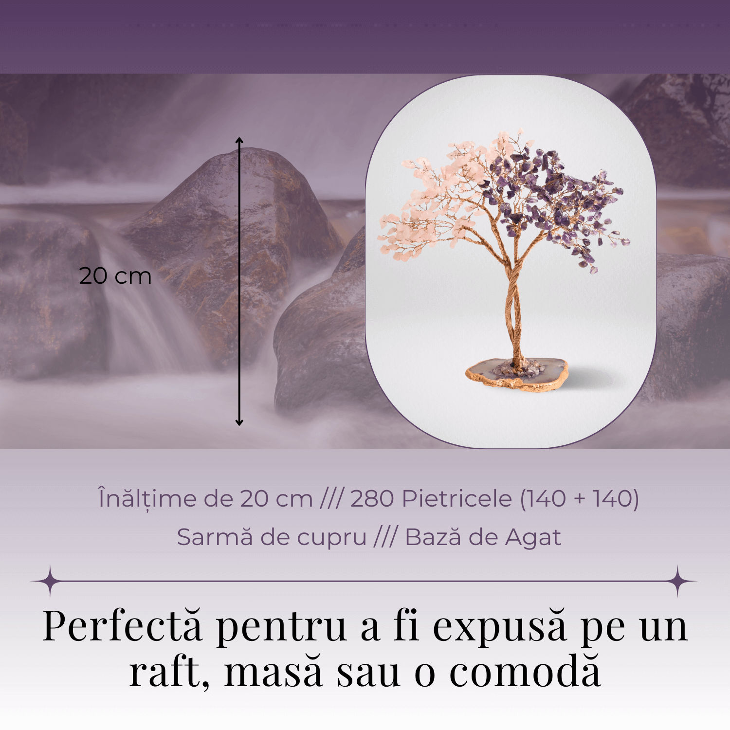 Copacel Decorativ cu Ametist si Cuart Roz pe Baza de Agat