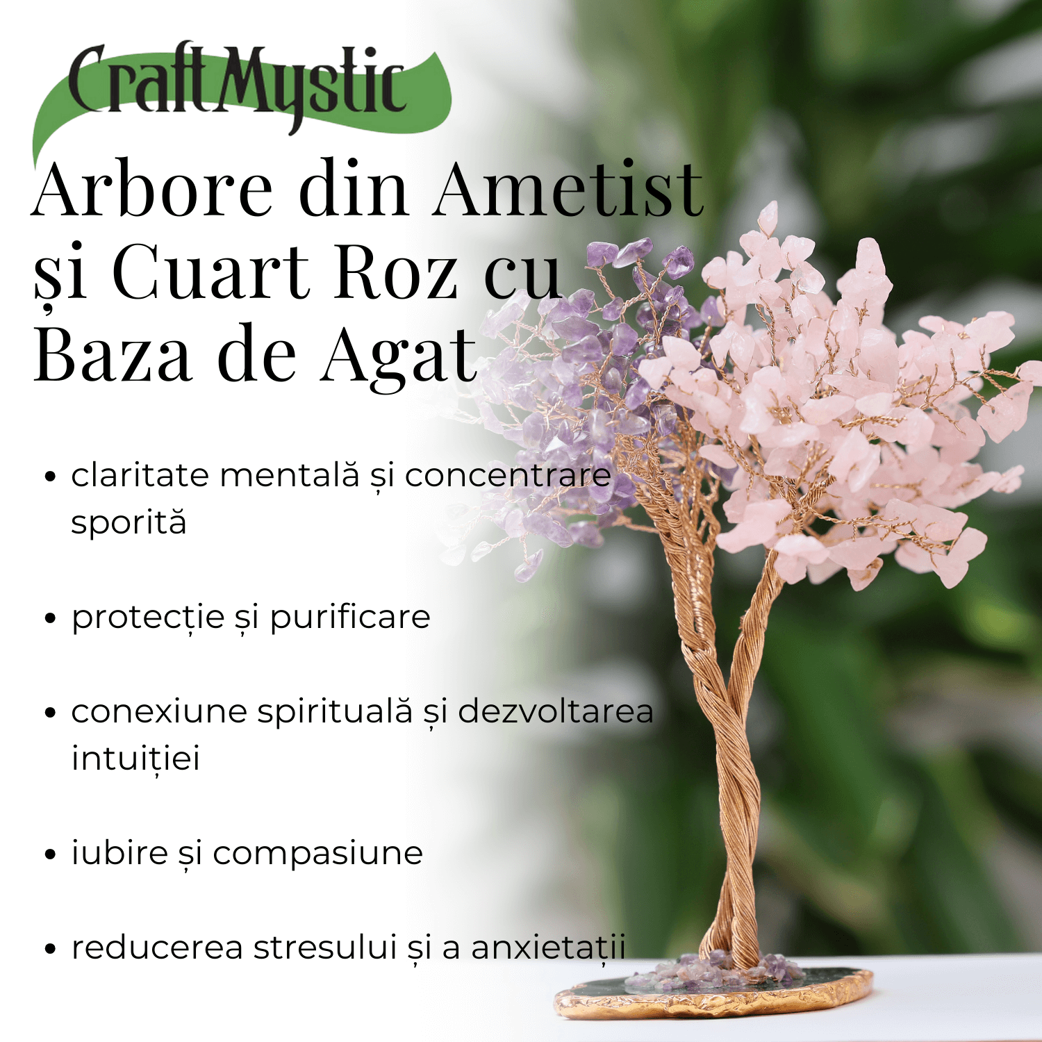 Copacel Decorativ cu Ametist si Cuart Roz pe Baza de Agat