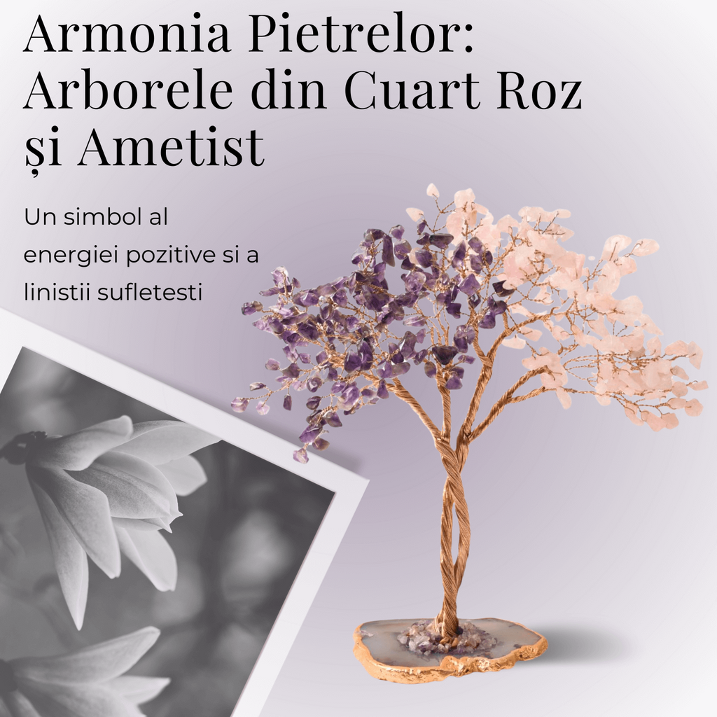 Copacel Decorativ cu Ametist si Cuart Roz pe Baza de Agat
