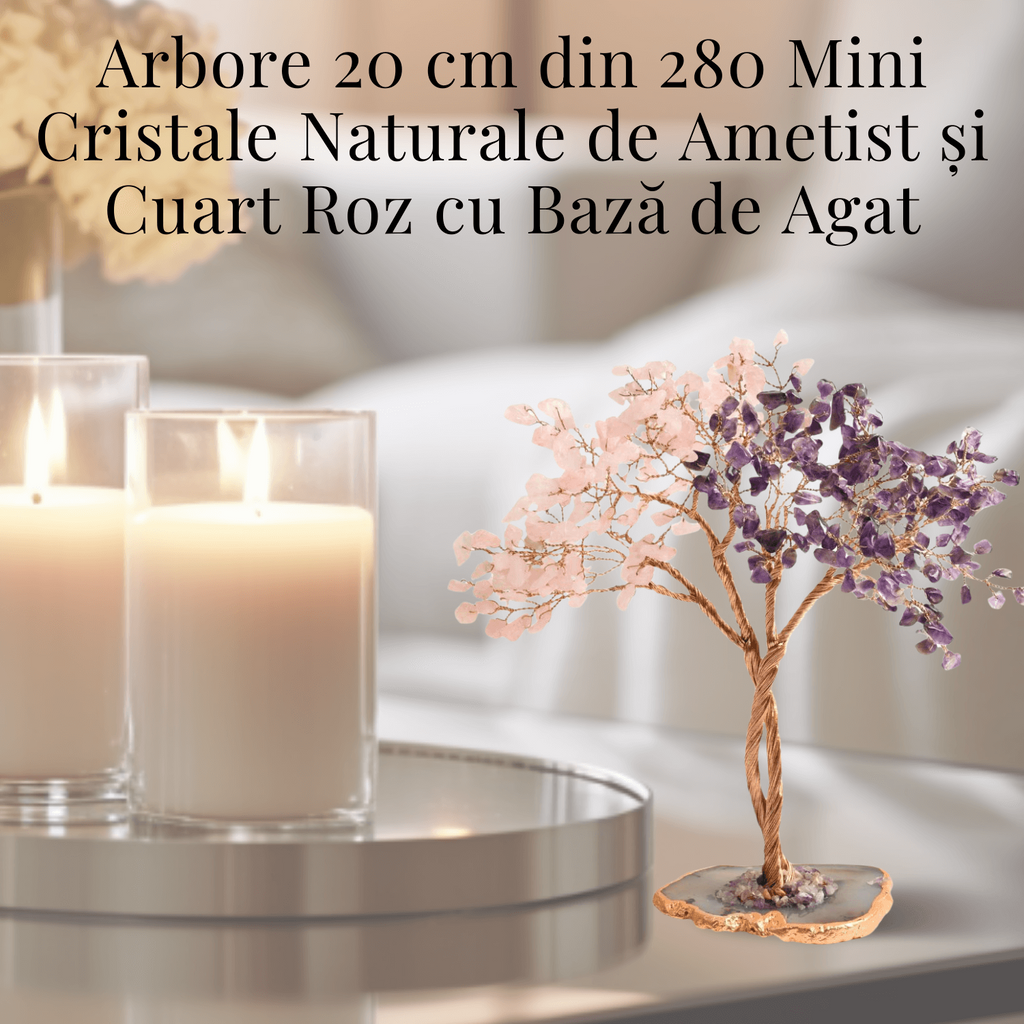 Copacel Decorativ cu Ametist si Cuart Roz pe Baza de Agat