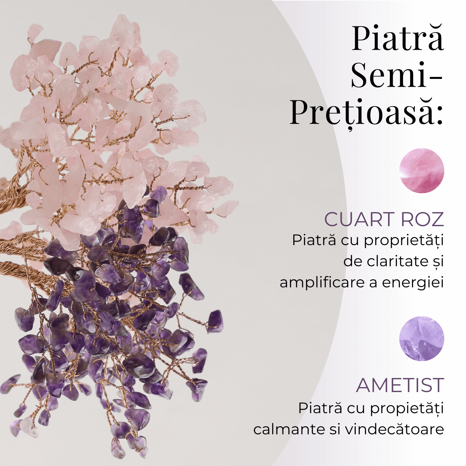Copacel Decorativ cu Ametist si Cuart Roz pe Baza de Agat