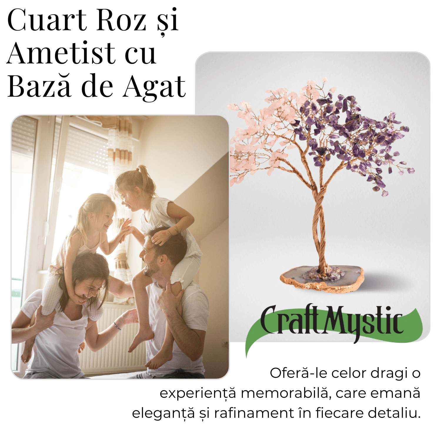 Copacel Decorativ cu Ametist si Cuart Roz pe Baza de Agat