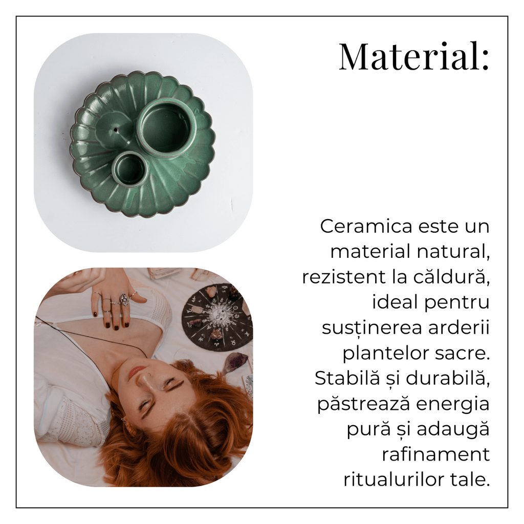 Suport 3 in 1 ceramic verde floare – Palo Santo, Salvie si Betisoare