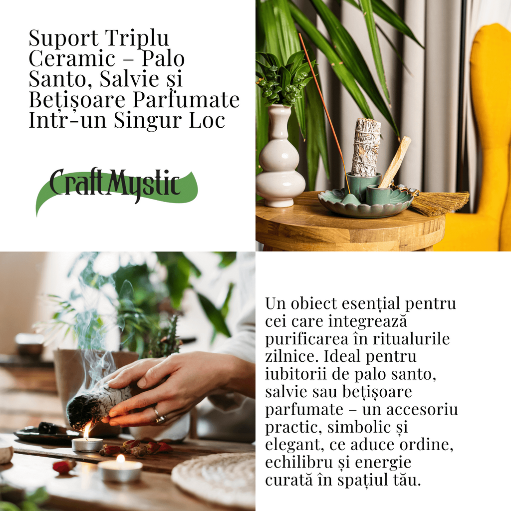 Suport 3 in 1 ceramic verde floare – Palo Santo, Salvie si Betisoare