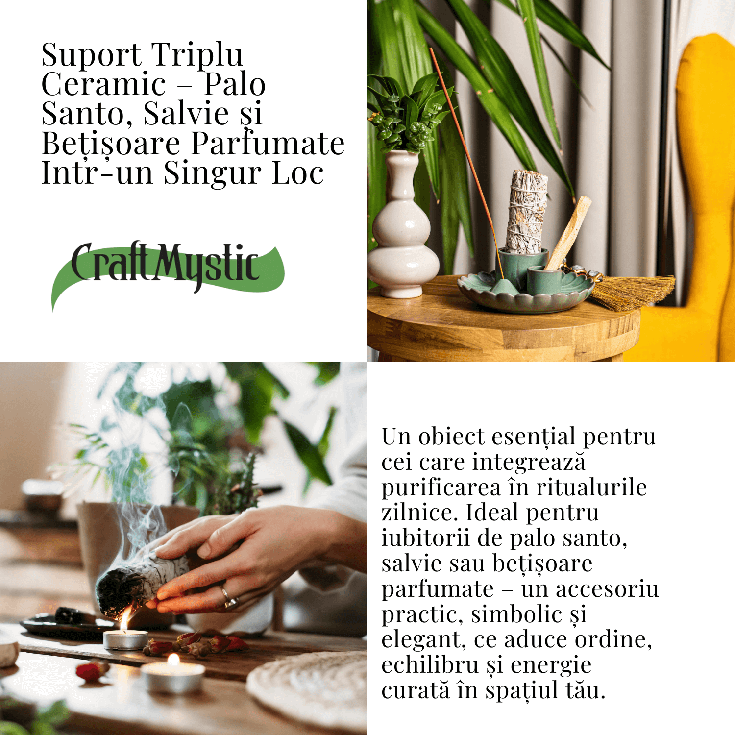 Suport 3 in 1 ceramic verde floare – Palo Santo, Salvie si Betisoare