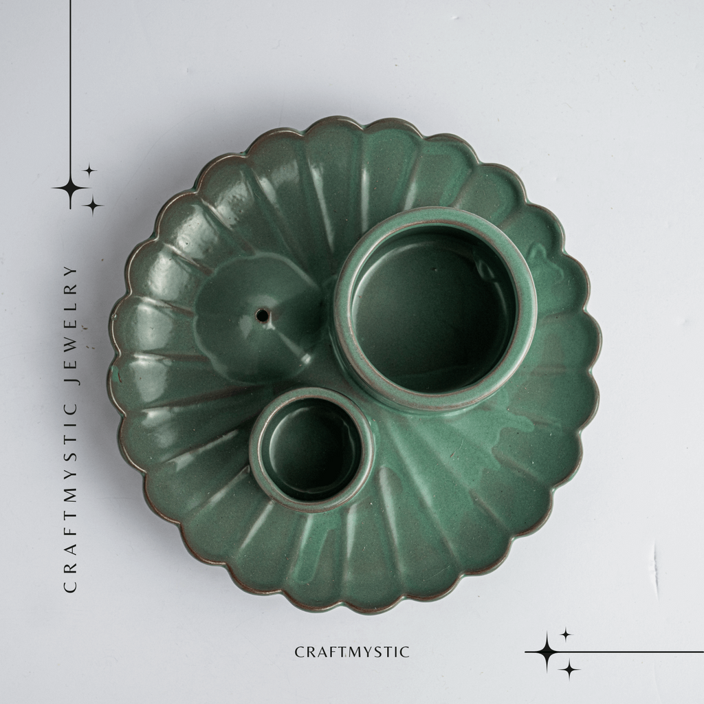 Suport 3 in 1 ceramic verde floare – Palo Santo, Salvie si Betisoare
