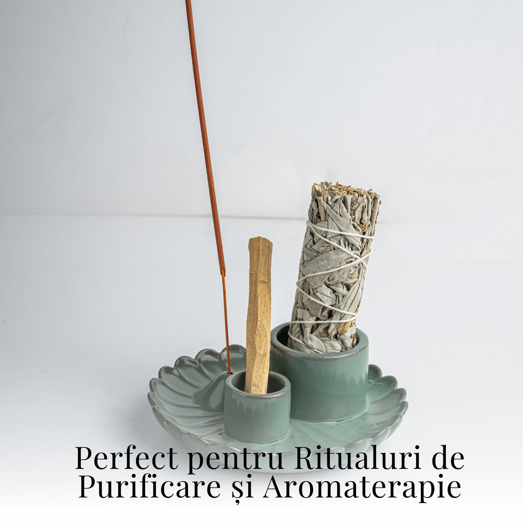 Suport 3 in 1 ceramic verde floare – Palo Santo, Salvie si Betisoare