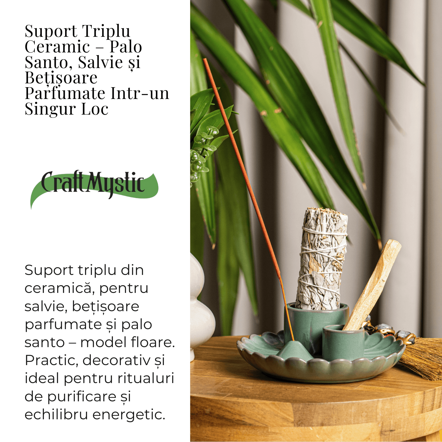 Suport 3 in 1 ceramic verde floare – Palo Santo, Salvie si Betisoare