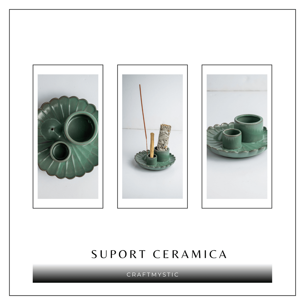 Suport 3 in 1 ceramic verde floare – Palo Santo, Salvie si Betisoare
