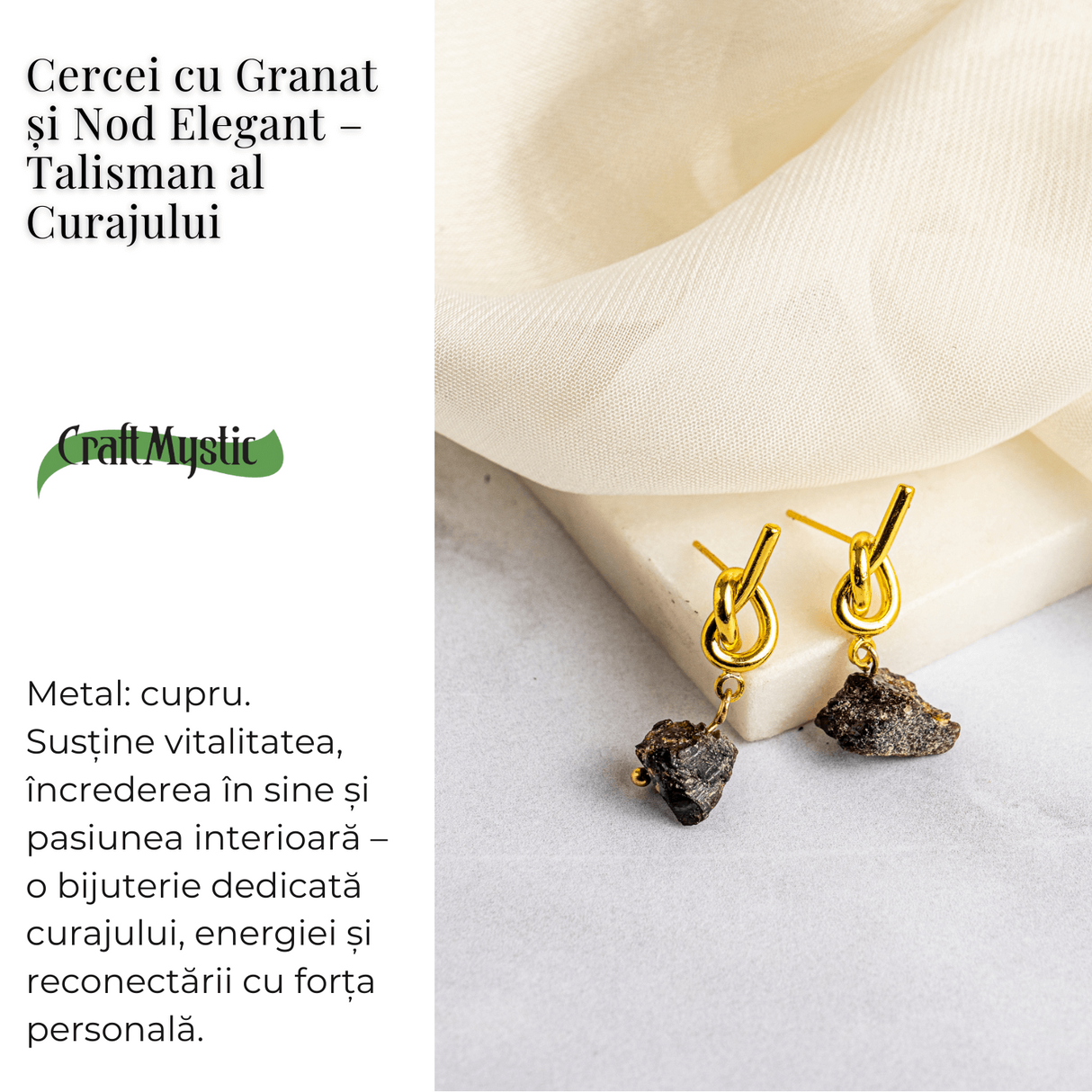 Talisman al Curajului – Cercei cu Granat si Nod Elegant