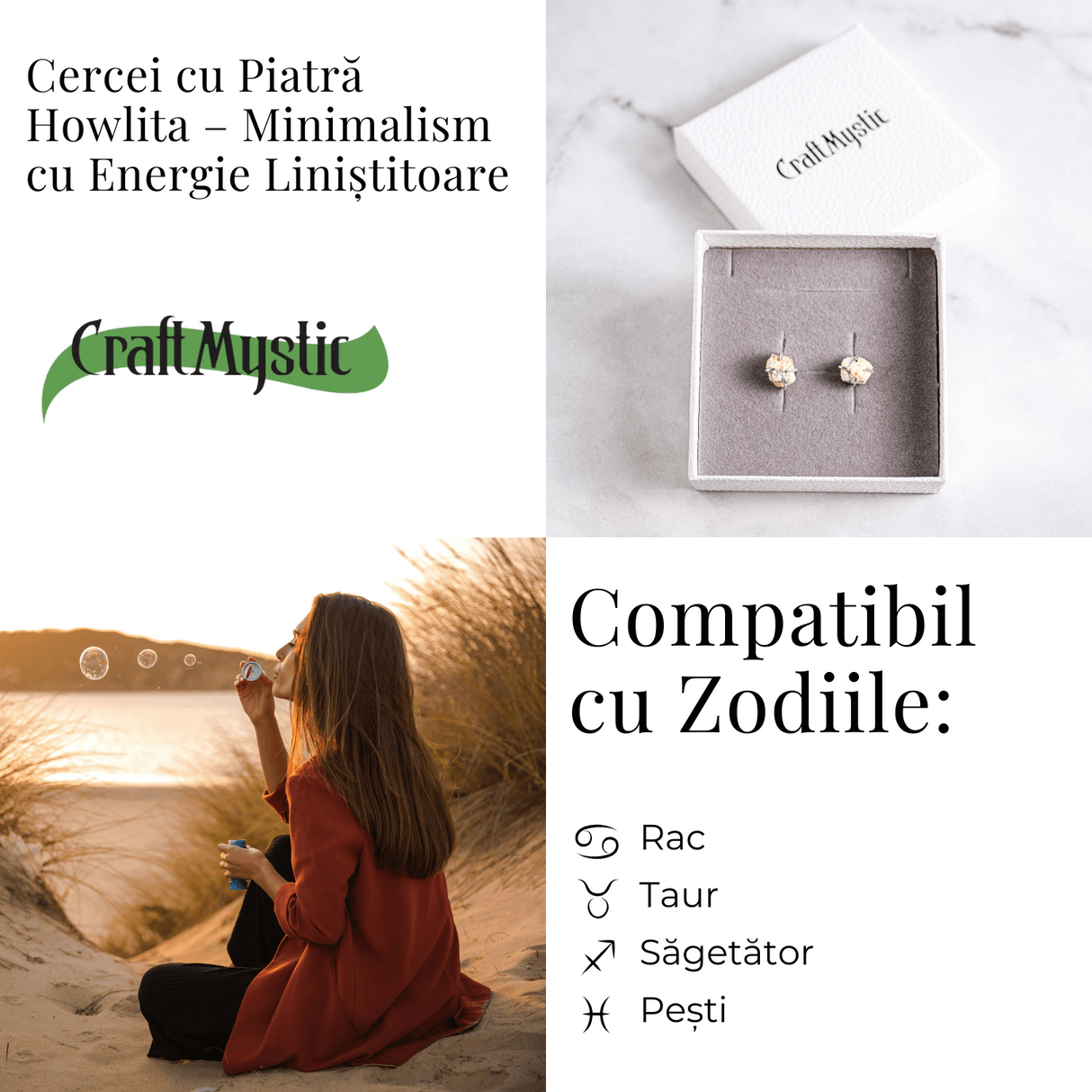 Cercei argintii cu piatra Howlita – Minimalism cu energie linistitoare