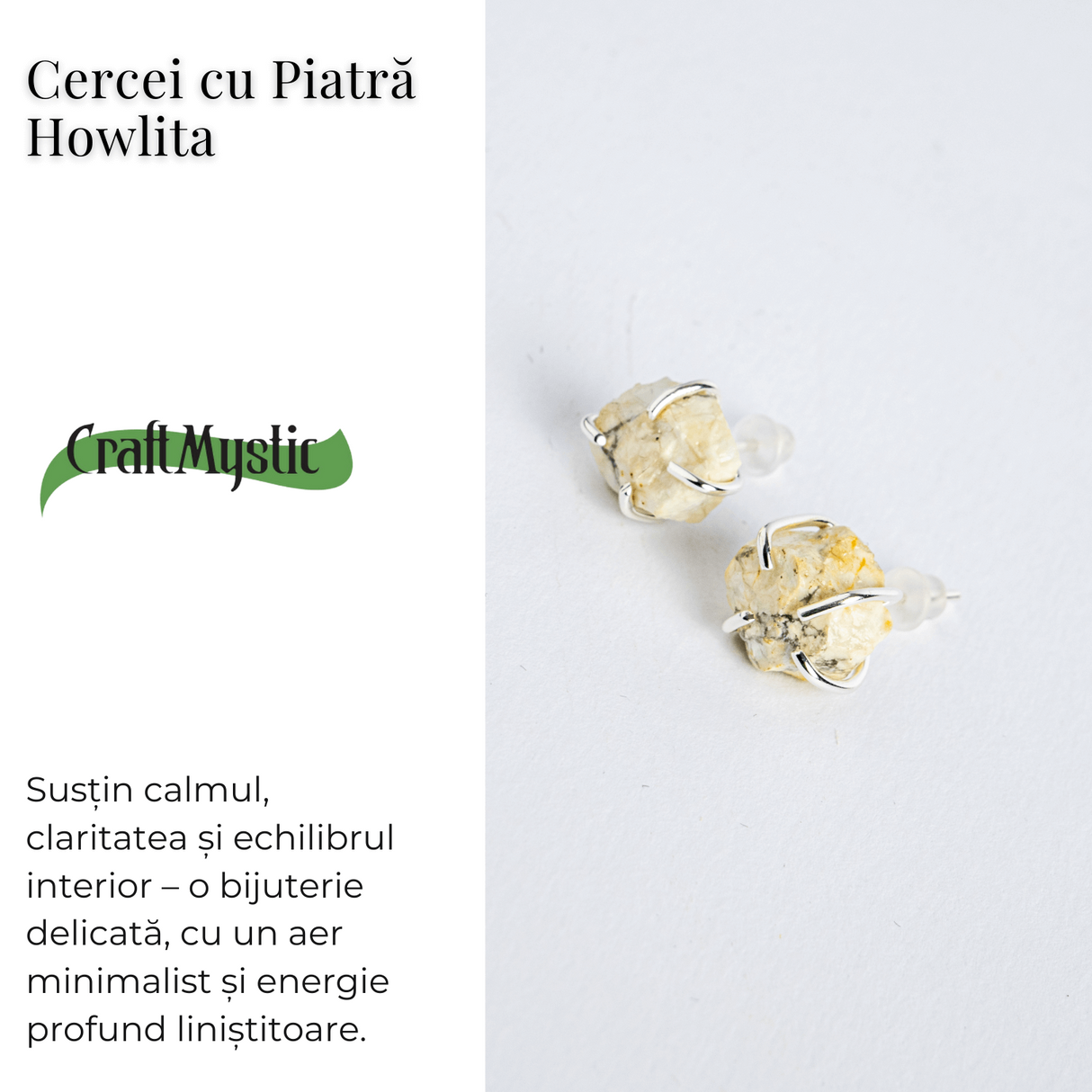 Cercei argintii cu piatra Howlita – Minimalism cu energie linistitoare