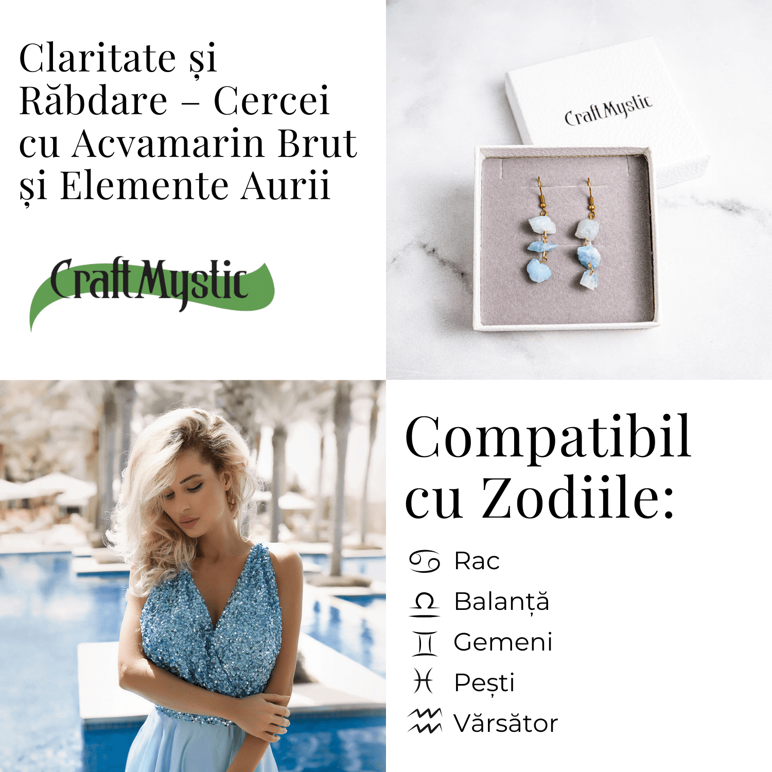 Fluviu de Calm – Cercei cu Acvamarin Brut si Elemente Aurii