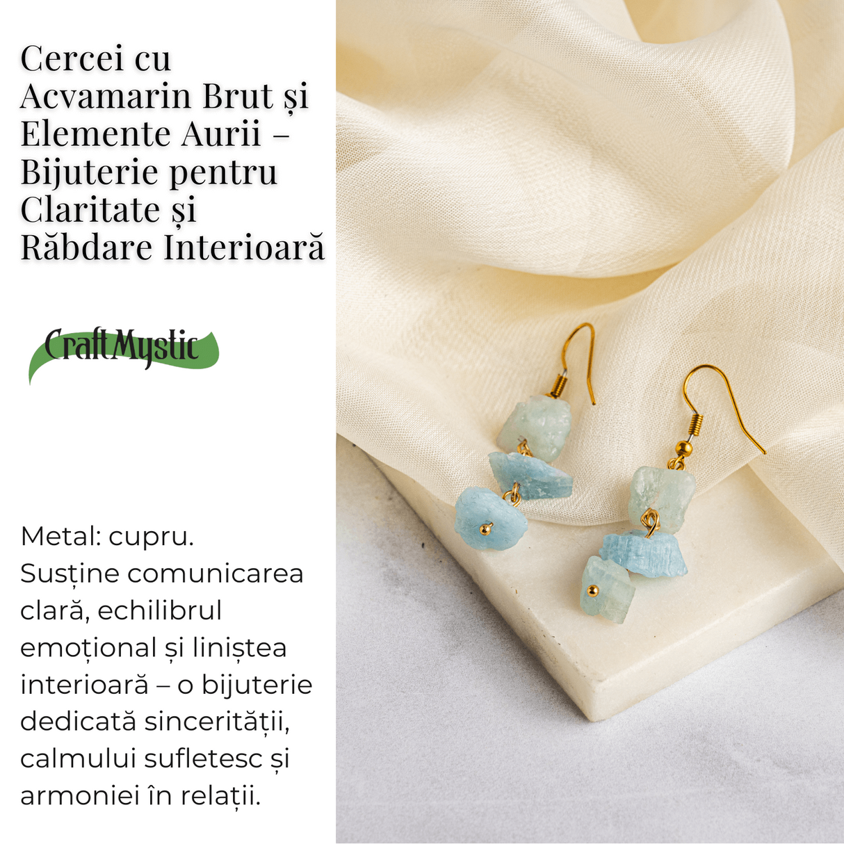 Fluviu de Calm – Cercei cu Acvamarin Brut si Elemente Aurii