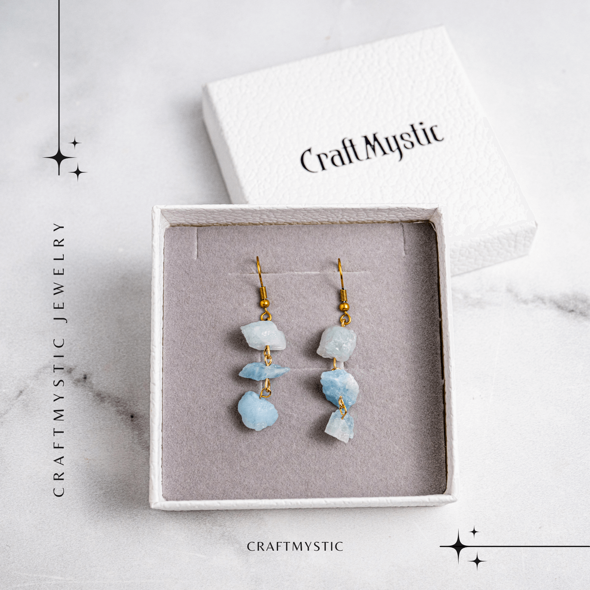 Fluviu de Calm – Cercei cu Acvamarin Brut si Elemente Aurii