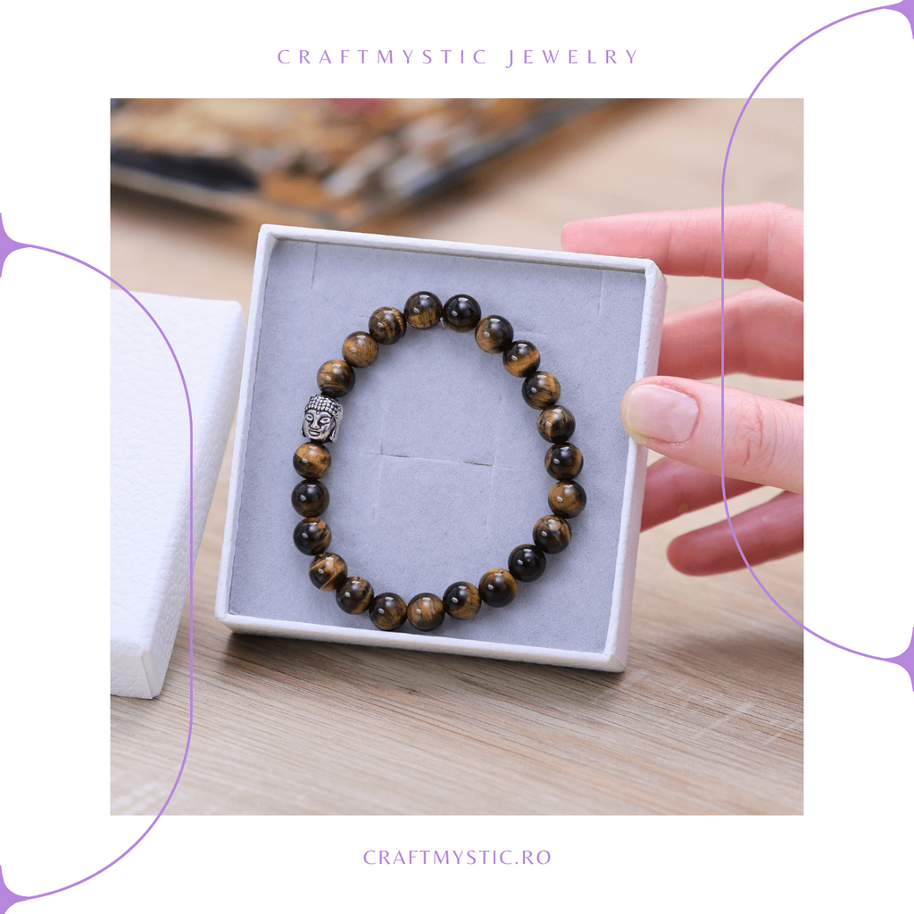 Bratara Elastica cu Margele 8mm din Piatra Naturala Ochi de Tigru si Pandantiv Buddha